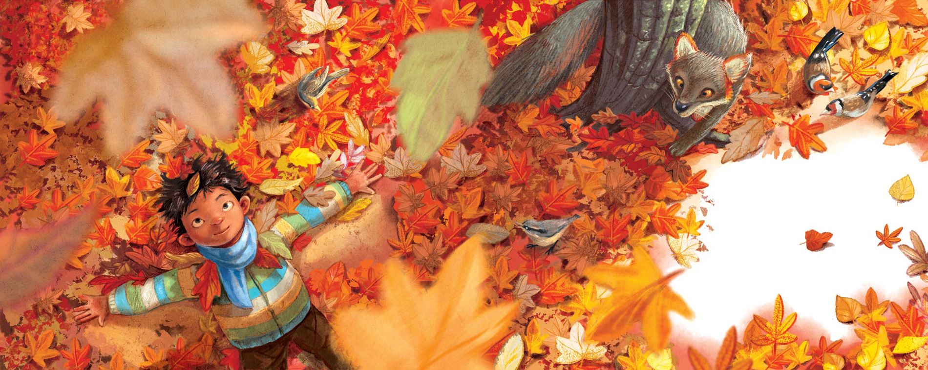 Illustration of a boy looking at falling leaves in autumn