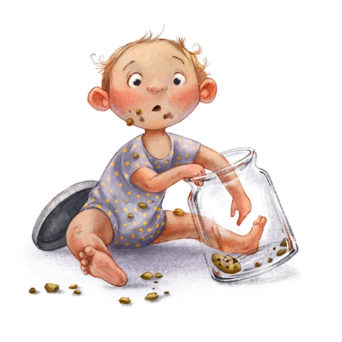 Illustration of a toddler stealing cookies from the cookie jar