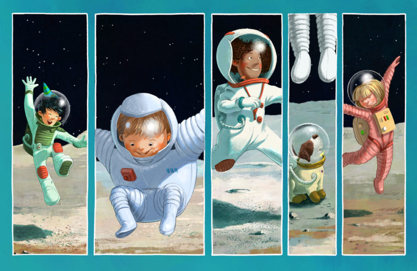 Illustration of children jumping on the Moon in low gravity