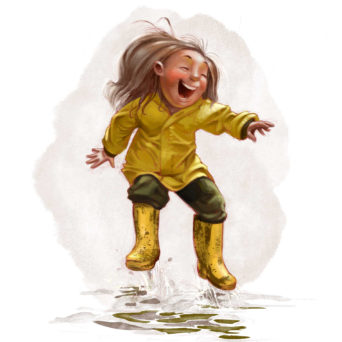 Illustration of a child jumping in a puddle after the rain
