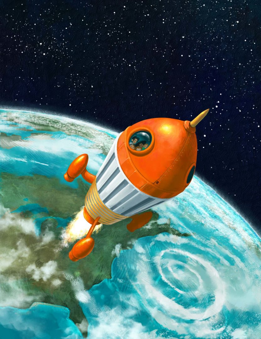 Illustration of a rocket taking off from earth