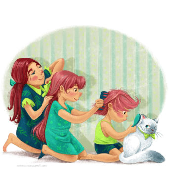 Illustration of a sisters brushing each other’s hair (and the cat)