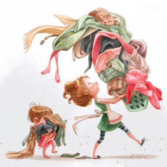 Illustration of a boy and his sister carrying the laundry