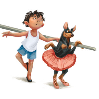 Illustration of a boy dancing ballet with his pinscher dog in tutu