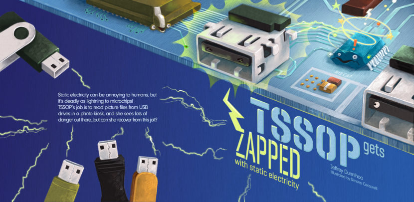 Illustration of microchip characters on a circuit board