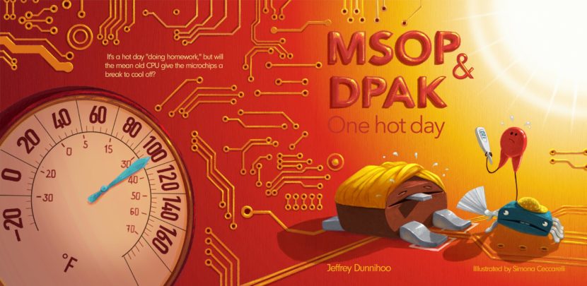 Illustration of microchip characters on a circuit board