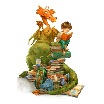 Illustration of a boy knight reading books to a dragon